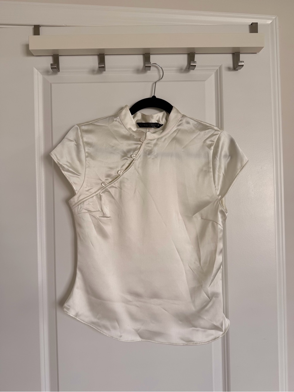 Zara Ivory Satin Mandarin-Collar Cap-Sleeve Blouse